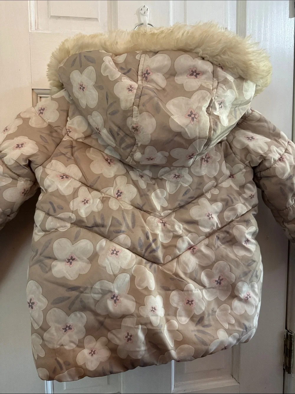 Carter's Beige Floral Puffer Jacket with Faux Fur Hood